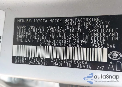 2017 Toyota Corolla Le z USA, uszkodzony, nr VIN 2T1BURHE1HC883562